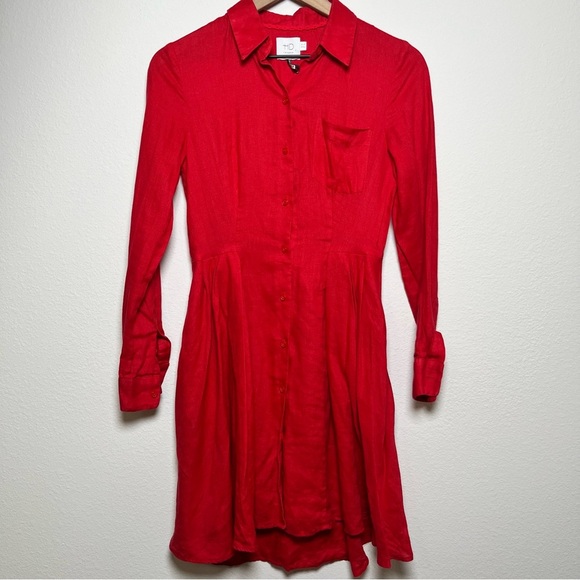 Anthropologie‎ HD in Paris 100% Linen Dress 0 Red Long Sleeve Coastal Summer - Picture 1 of 10